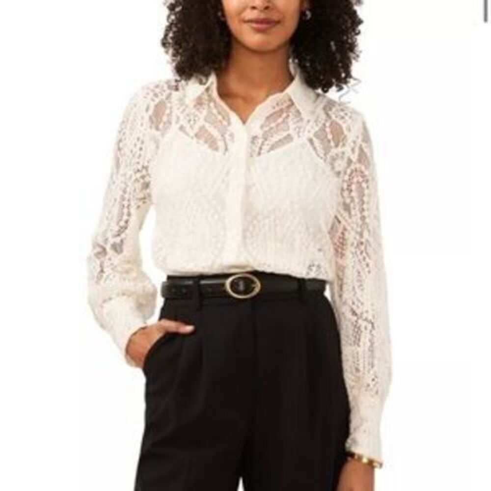 Vince Camuto Open Lace Button Down Size XL Shirt Sheer Ivory Cream Chantilly